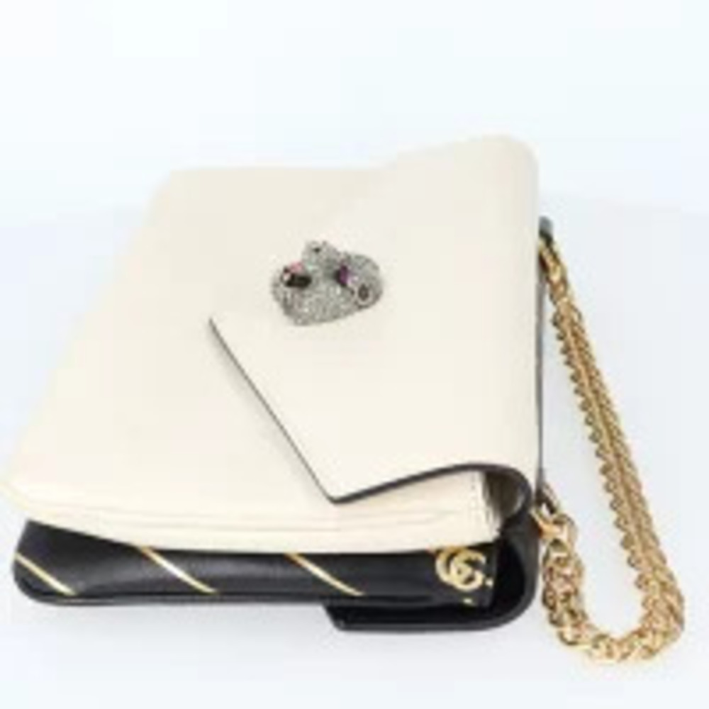 Gucci h Leather Cat White Black Chain Shoulder Bag Gold Face GG Marmont Double - Picture 5 of 13